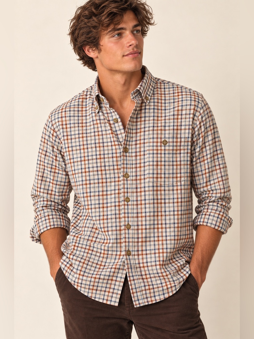 Orvis Country Twill Plaid Button-Down Shirt 100% Cotton Blue Brown Cabincore M